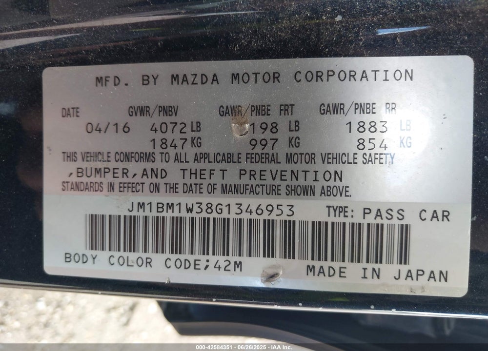 2016 MAZDA 3 VIN: JM1BM1W38G1346953