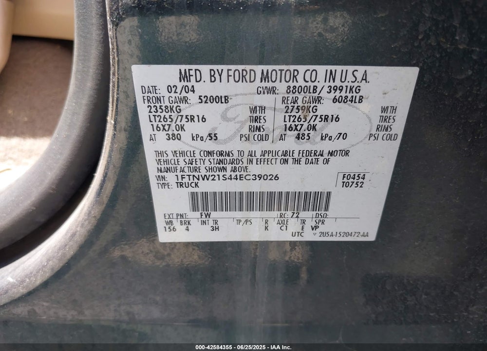 2004 FORD F-250 LARIAT/XL/XLT VIN: 1FTNW21S44EC39026