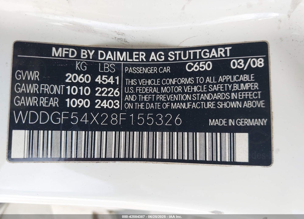 2008 MERCEDES-BENZ C 300 VIN: WDDGF54X28F155326
