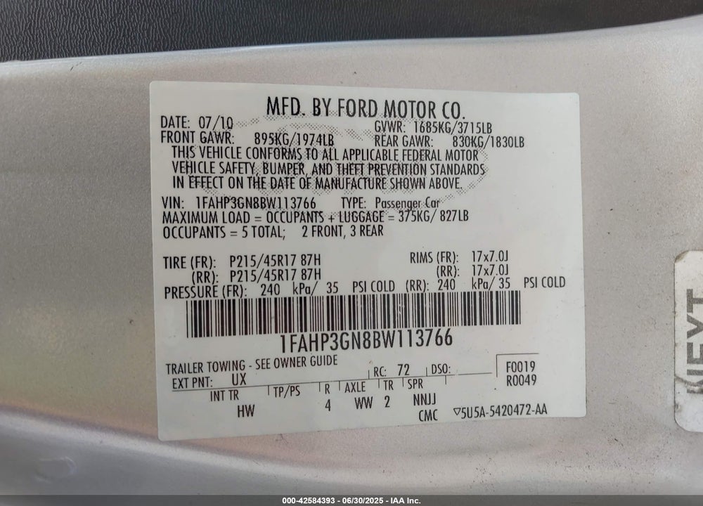 2011 FORD FOCUS VIN: 1FAHP3GN8BW113766