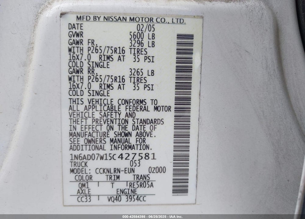 2005 NISSAN FRONTIER NISMO OFF ROAD VIN: 1N6AD07W15C427581