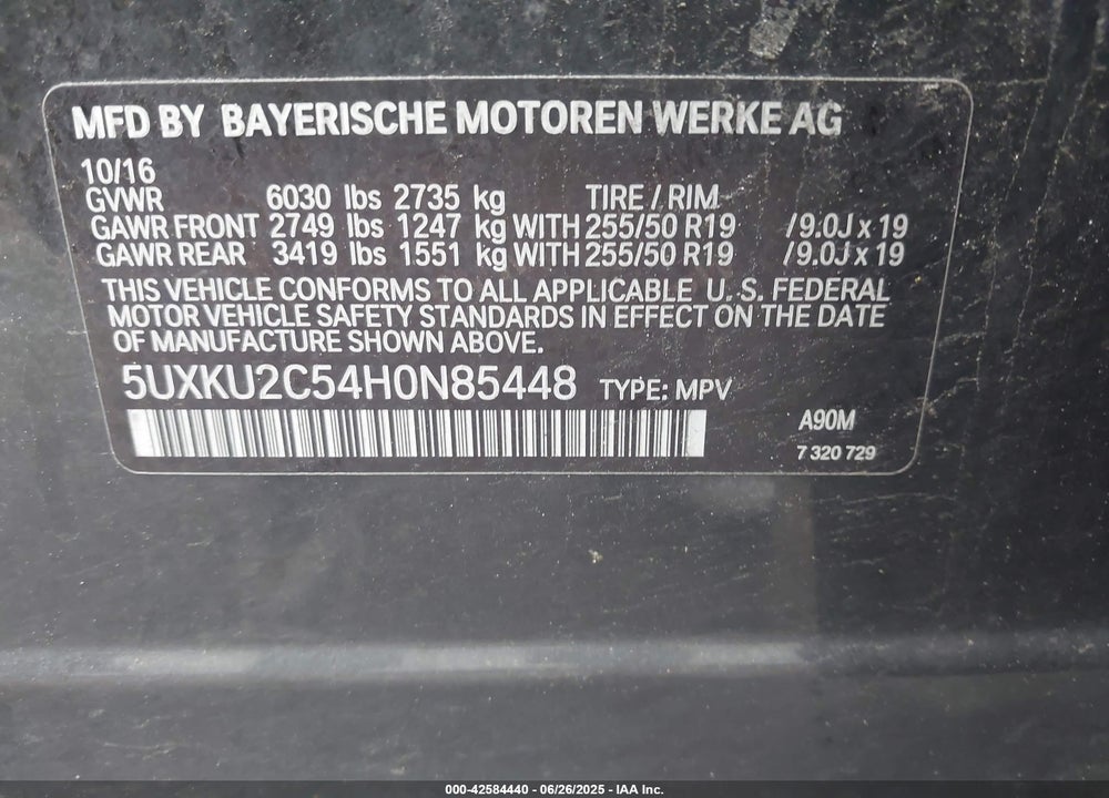 2017 BMW X6 VIN: 5UXKU2C54H0N85448