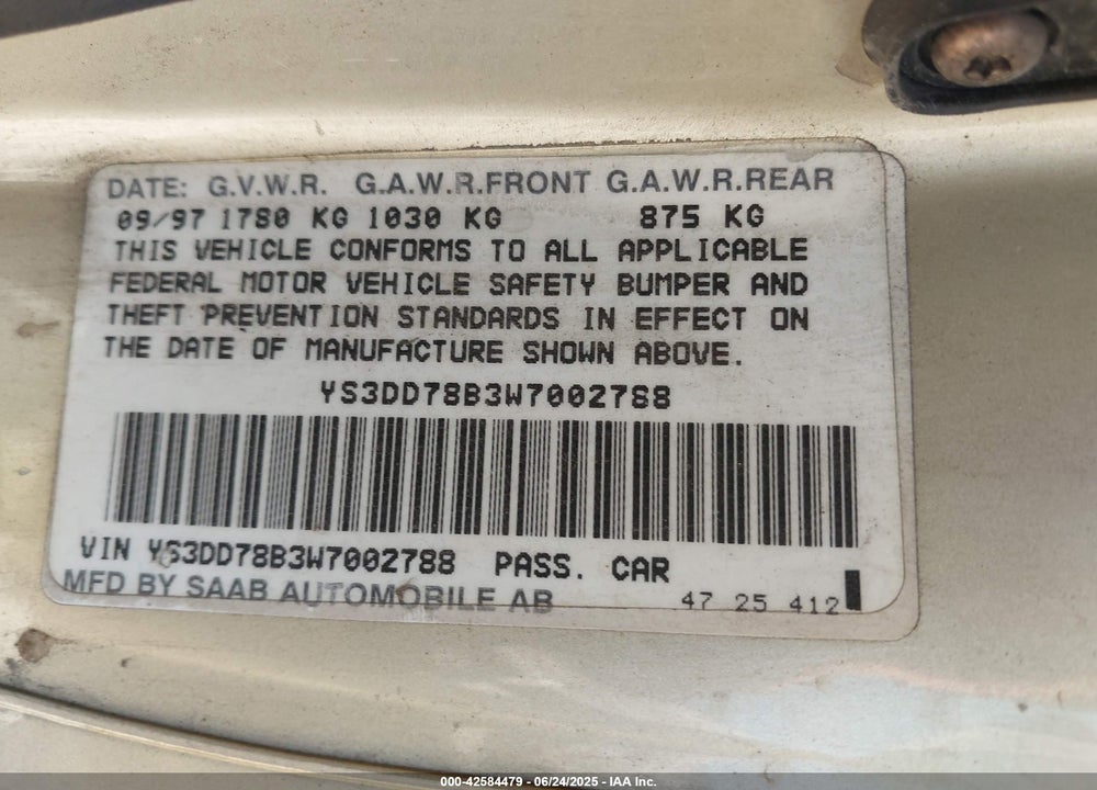 1998 SAAB 900 S VIN: YS3DD78B3W7002788