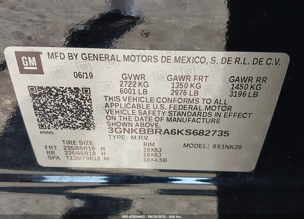 2019 CHEVROLET BLAZER VIN: 3GNKBBRA6KS682735