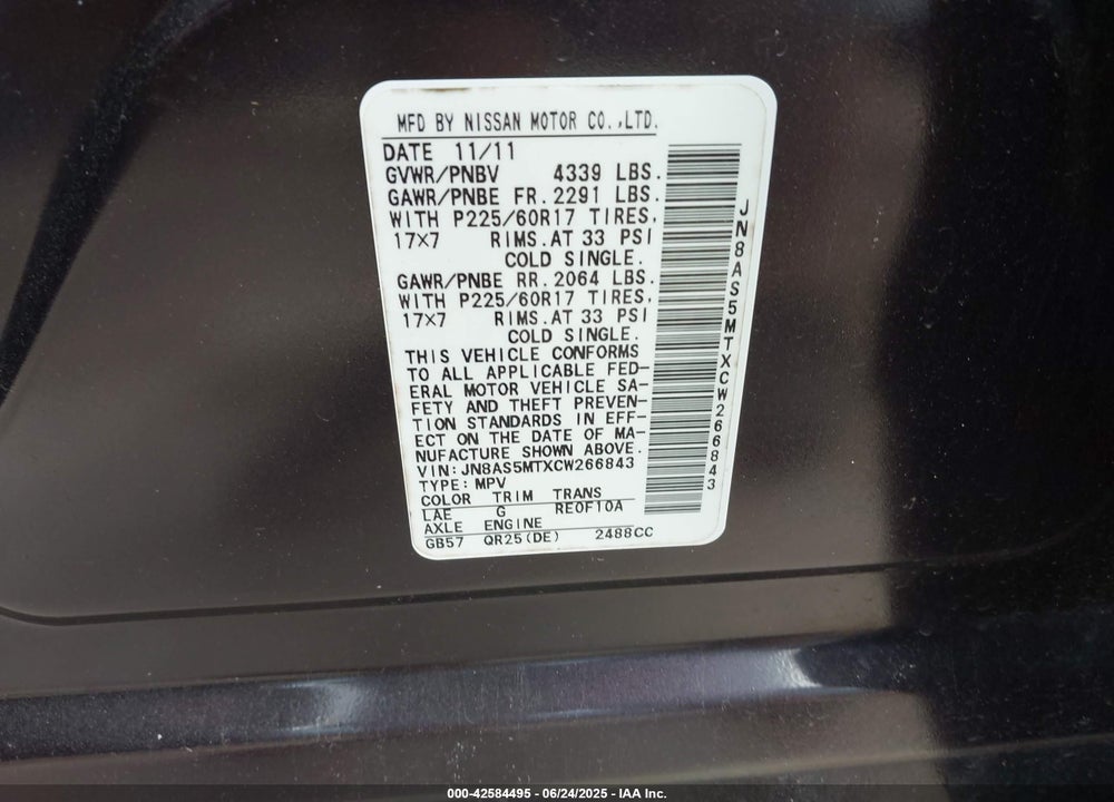 2012 NISSAN ROGUE VIN: JN8AS5MTXCW266843