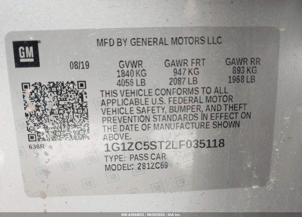 2020 CHEVROLET MALIBU VIN: 1G1ZC5ST2LF035118