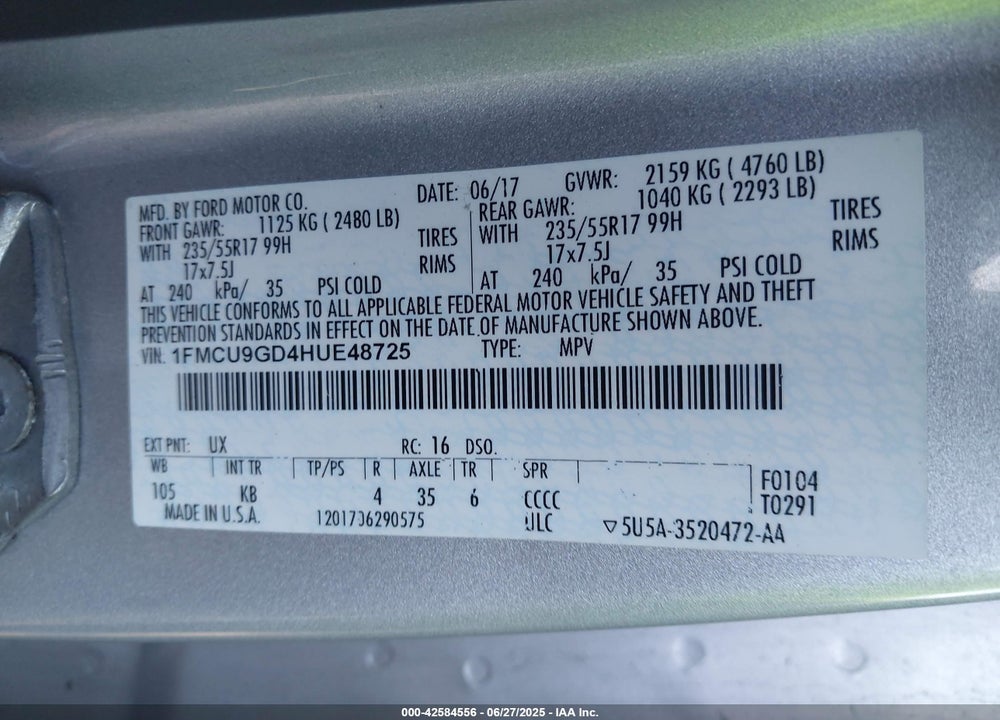 2017 FORD ESCAPE VIN: 1FMCU9GD4HUE48725