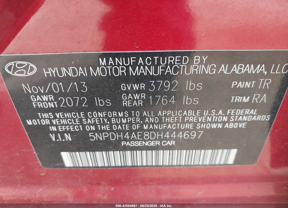 2013 HYUNDAI ELANTRA VIN: 5NPDH4AE8DH444697
