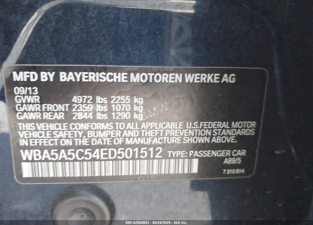2014 BMW 5 SERIES VIN: WBA5A5C54ED501512