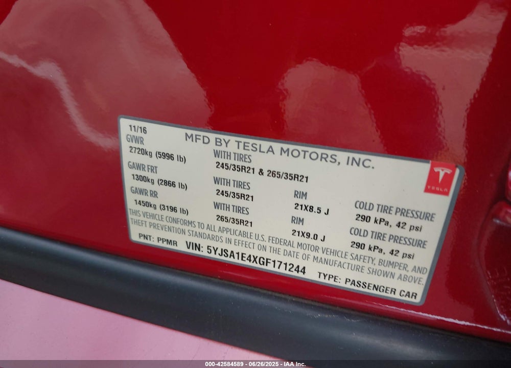 2016 TESLA MODEL S VIN: 5YJSA1E4XGF171244