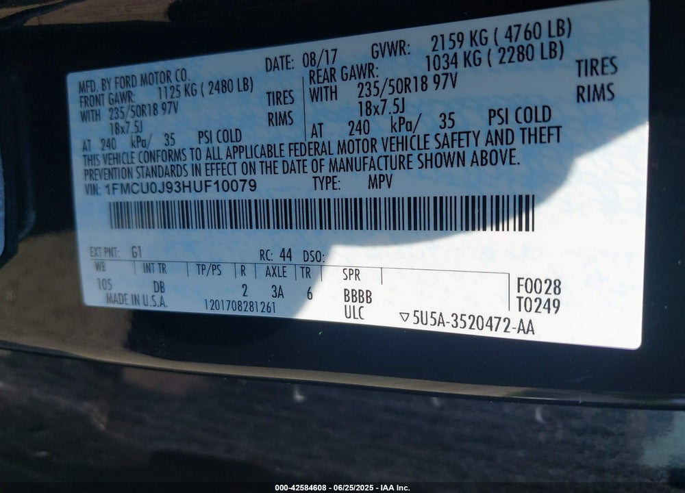 2017 FORD ESCAPE VIN: 1FMCU0J93HUF10079