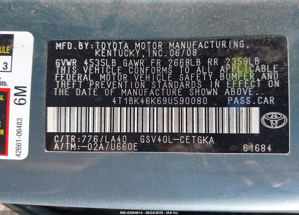2009 TOYOTA CAMRY VIN: 4T1BK46K69U590080