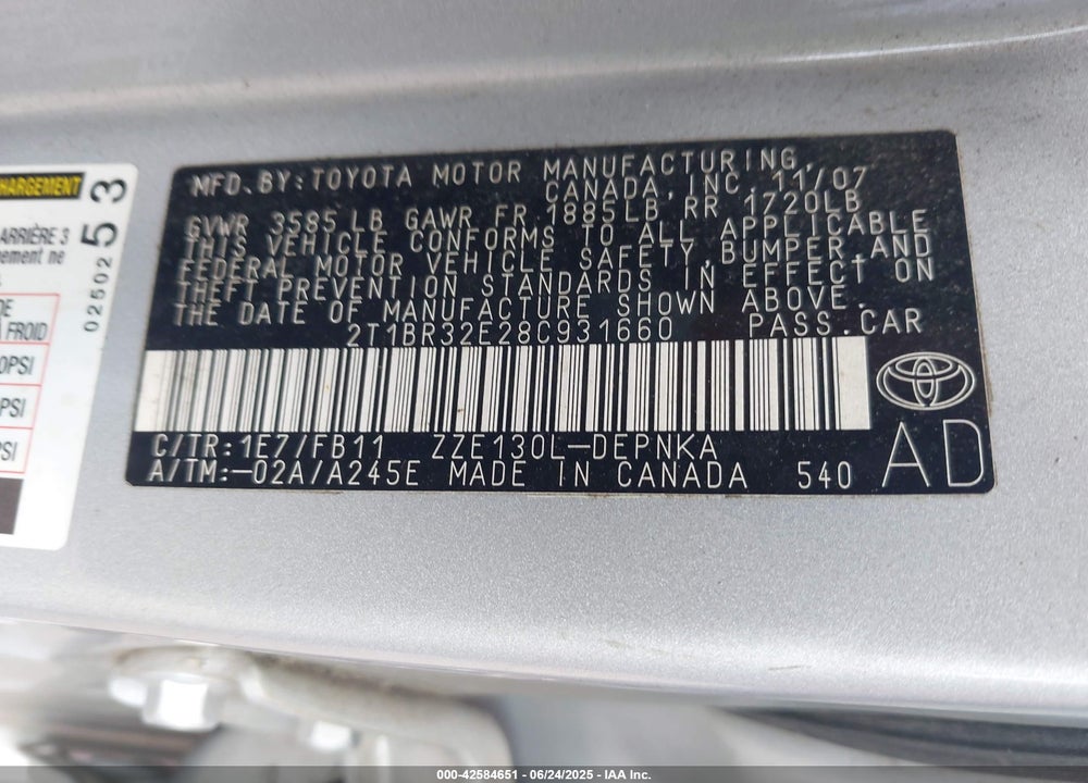 2008 TOYOTA COROLLA LE VIN: 2T1BR32E28C931660