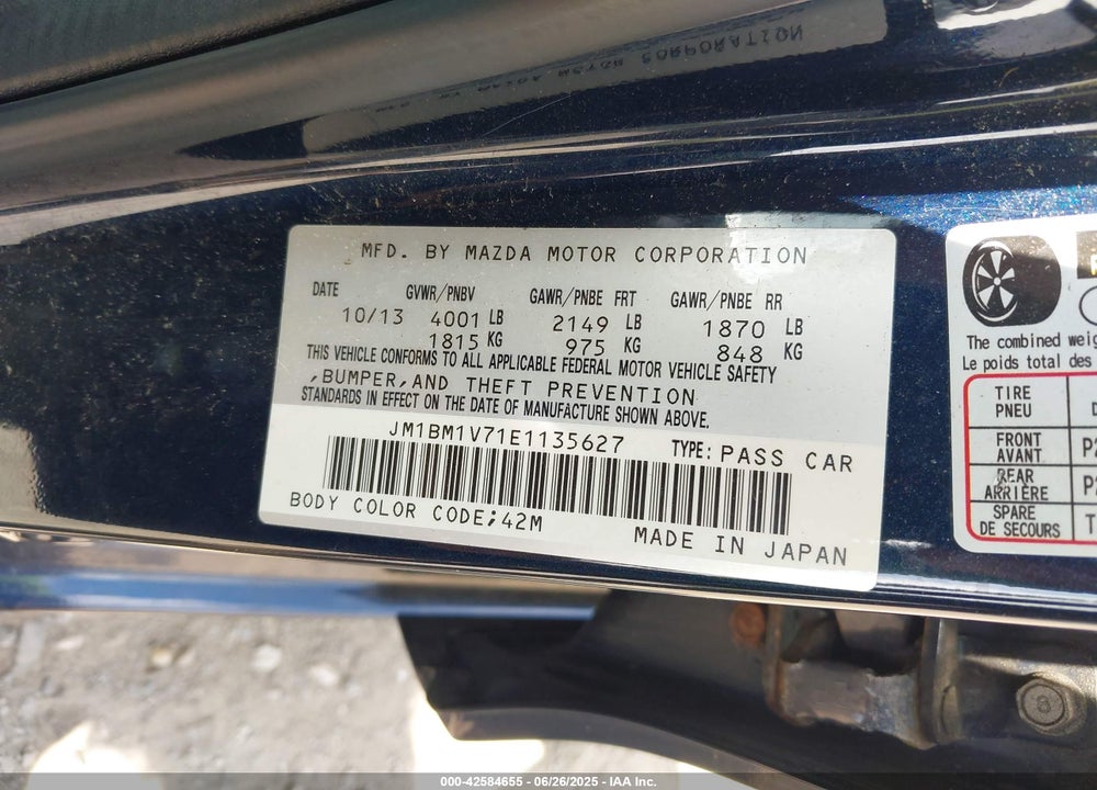 2014 MAZDA 3 I TOURING VIN: JM1BM1V71E1135627