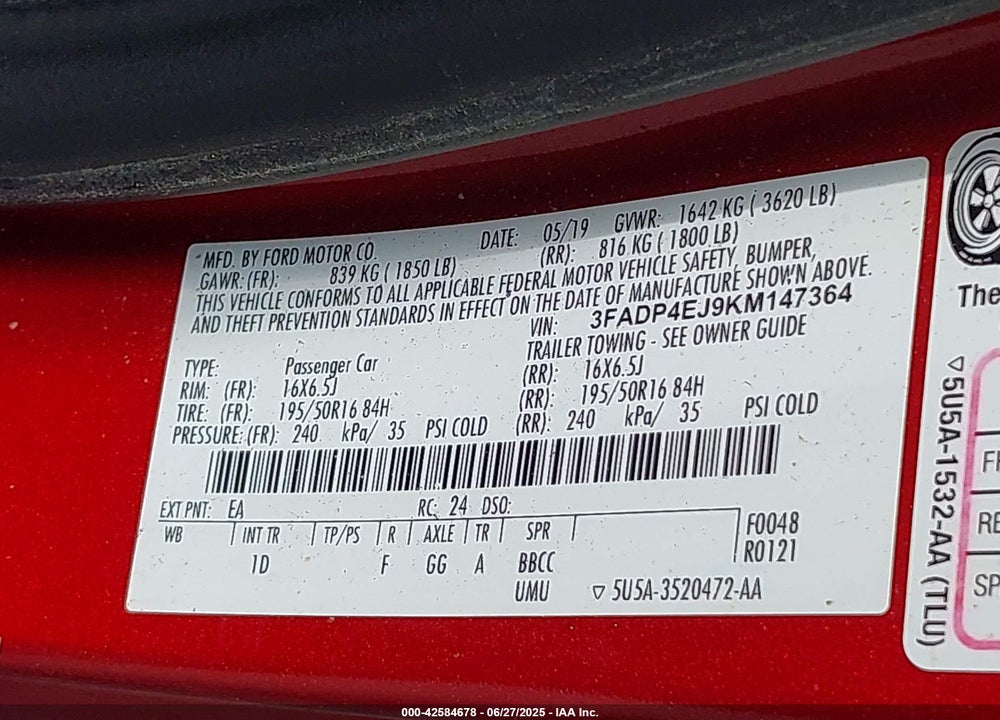 2019 FORD FIESTA VIN: 3FADP4EJ9KM147364