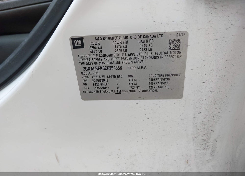 2012 CHEVROLET EQUINOX VIN: 2GNALBEK0C6254358