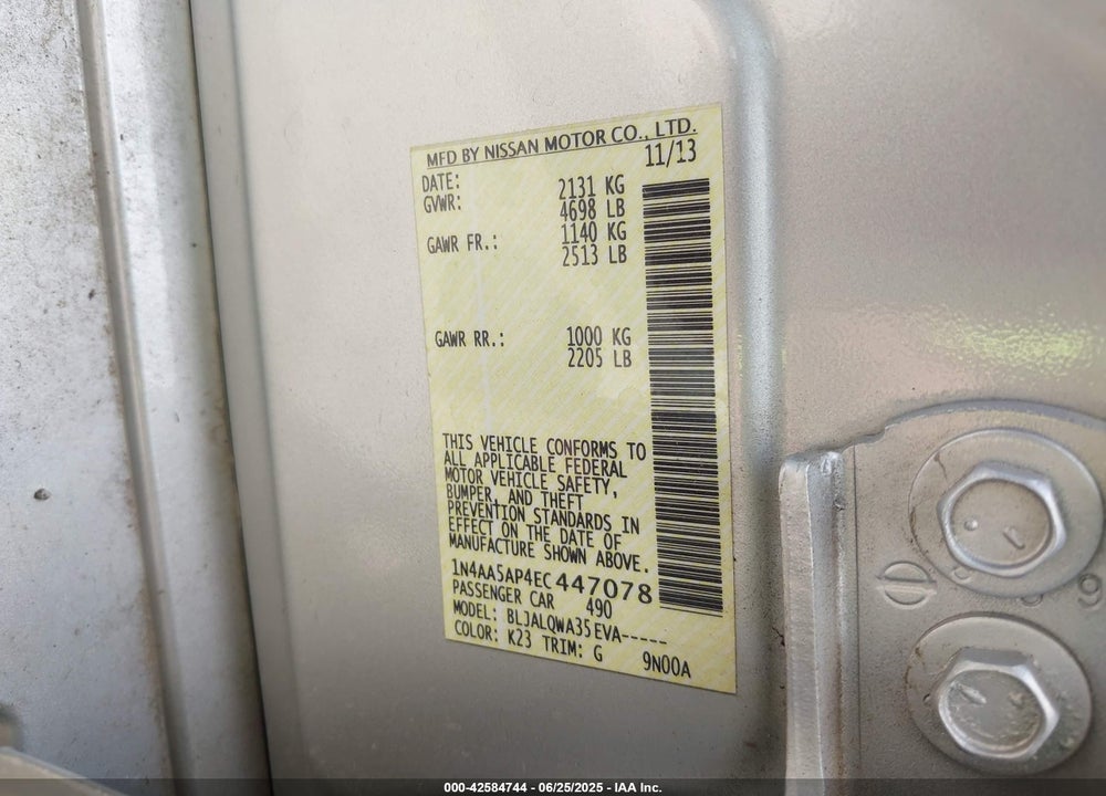 2014 NISSAN MAXIMA VIN: 1N4AA5AP4EC447078