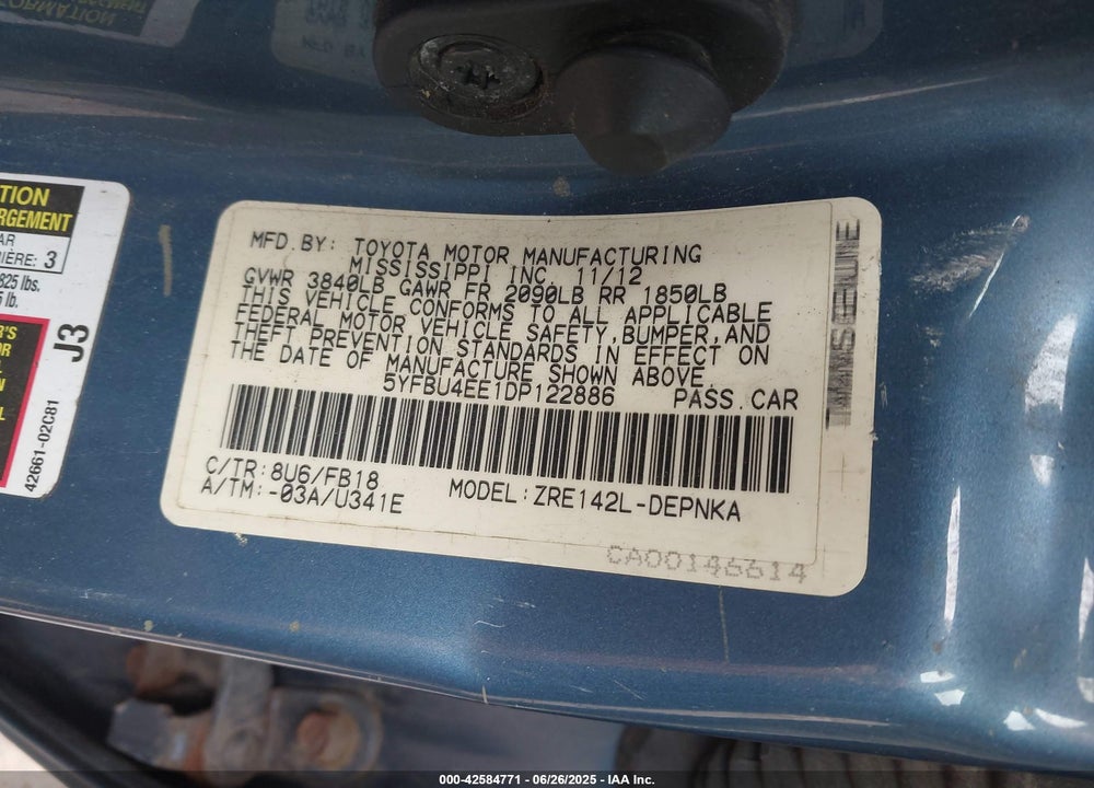 2013 TOYOTA COROLLA VIN: 5YFBU4EE1DP122886