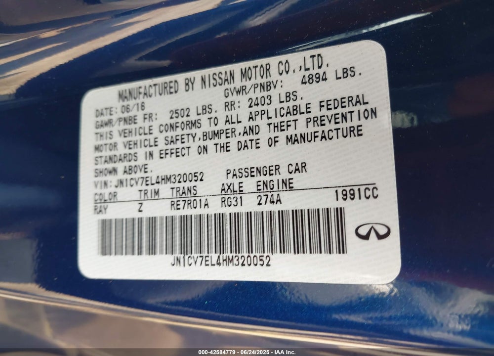 2017 INFINITI Q60 VIN: JN1CV7EL4HM320052