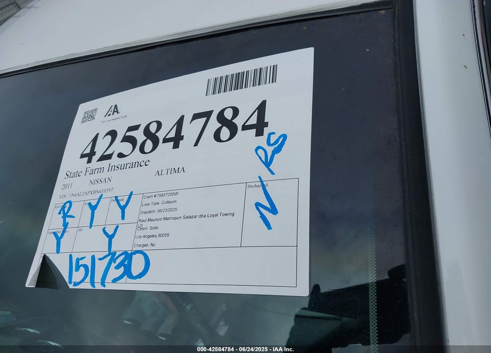 2011 NISSAN ALTIMA VIN: 1N4AL2APXBN410397