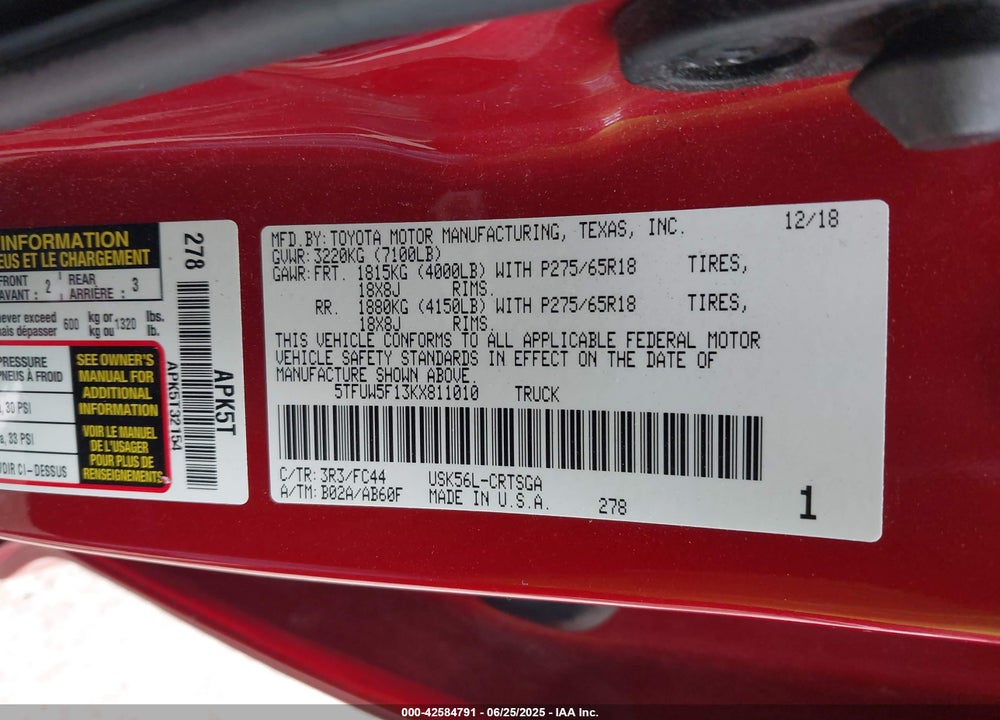 2019 TOYOTA TUNDRA VIN: 5TFUW5F13KX811010