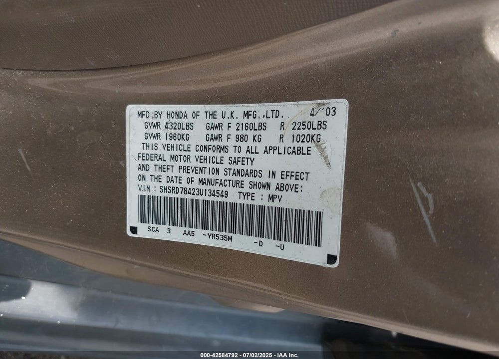 2003 HONDA CR-V LX VIN: SHSRD78423U134549