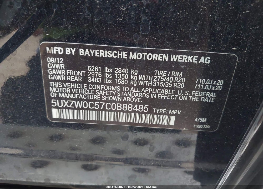 2012 BMW X5 XDRIVE35D VIN: 5UXZW0C57C0B88485