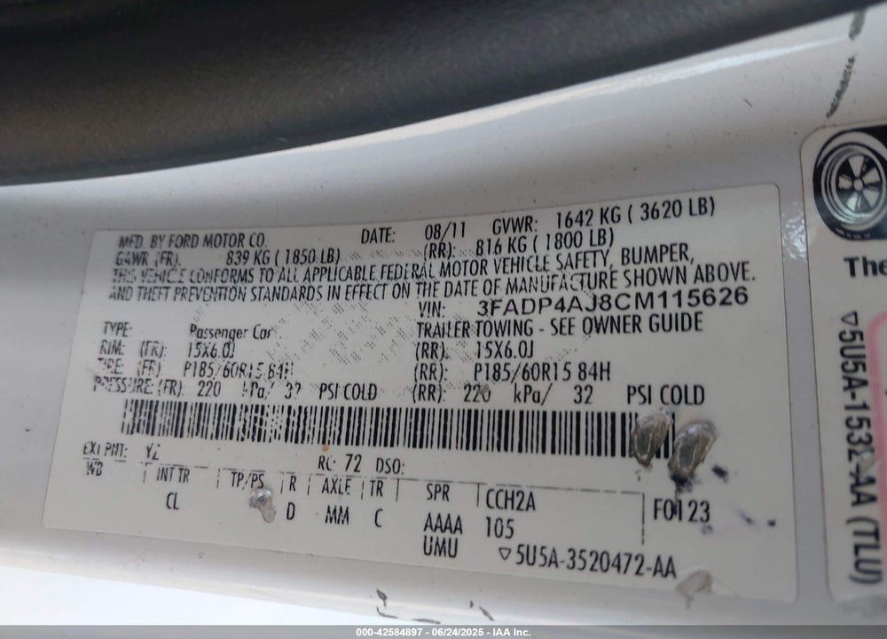 2012 FORD FIESTA VIN: 3FADP4AJ8CM115626