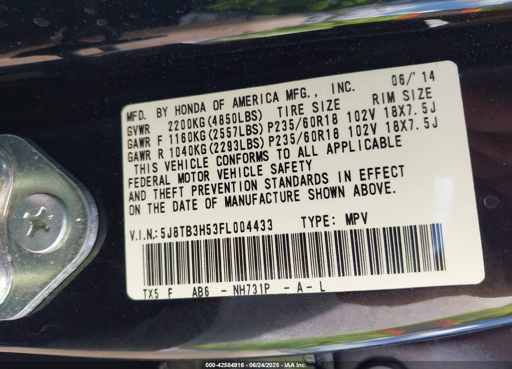 2015 ACURA RDX VIN: 5J8TB3H53FL004433