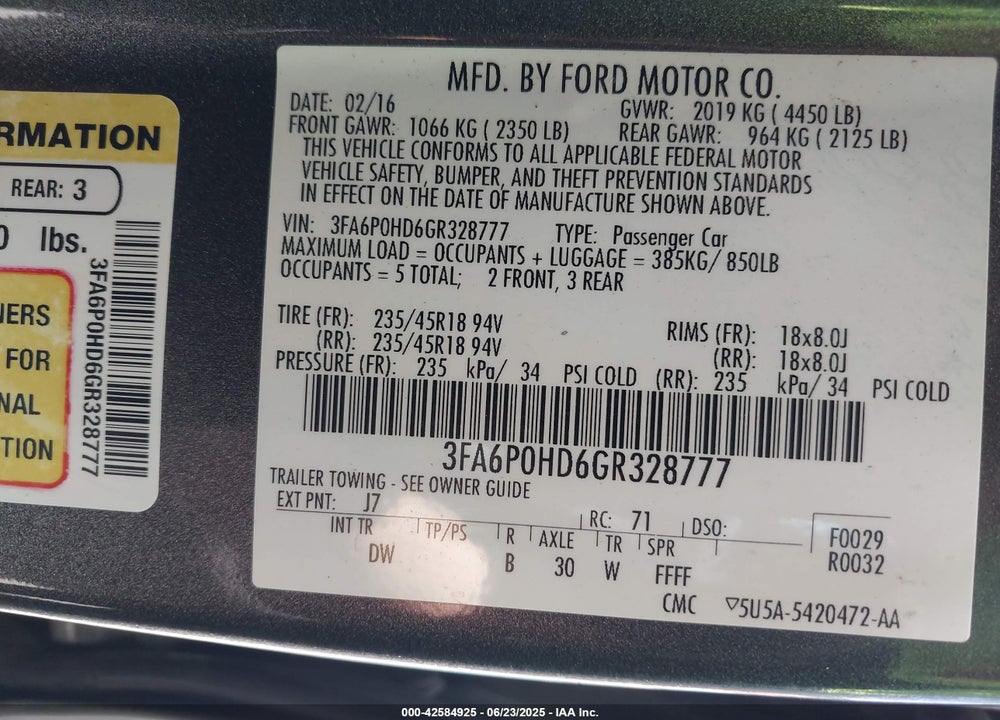 2016 FORD FUSION SE VIN: 3FA6P0HD6GR328777