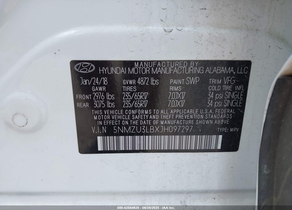 2018 HYUNDAI SANTA FE SPORT VIN: 5NMZU3LBXJH097297