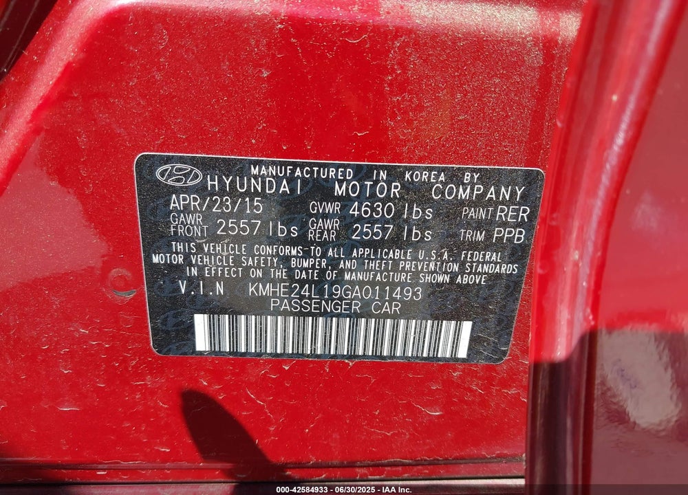 2016 HYUNDAI SONATA HYBRID VIN: KMHE24L19GA011493