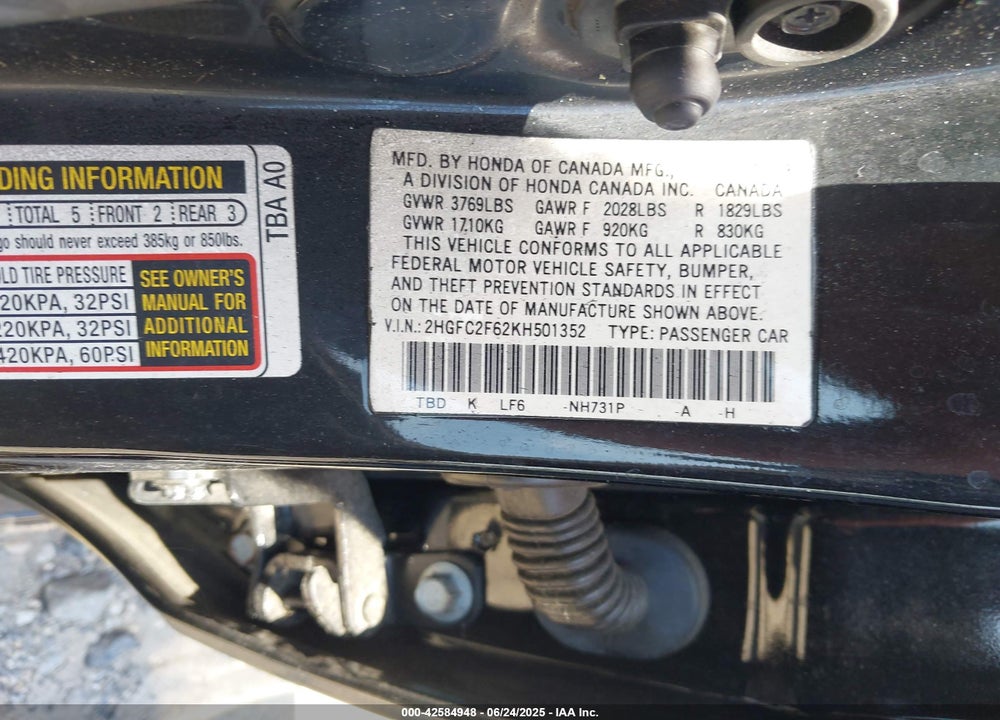 2019 HONDA CIVIC VIN: 2HGFC2F62KH501352