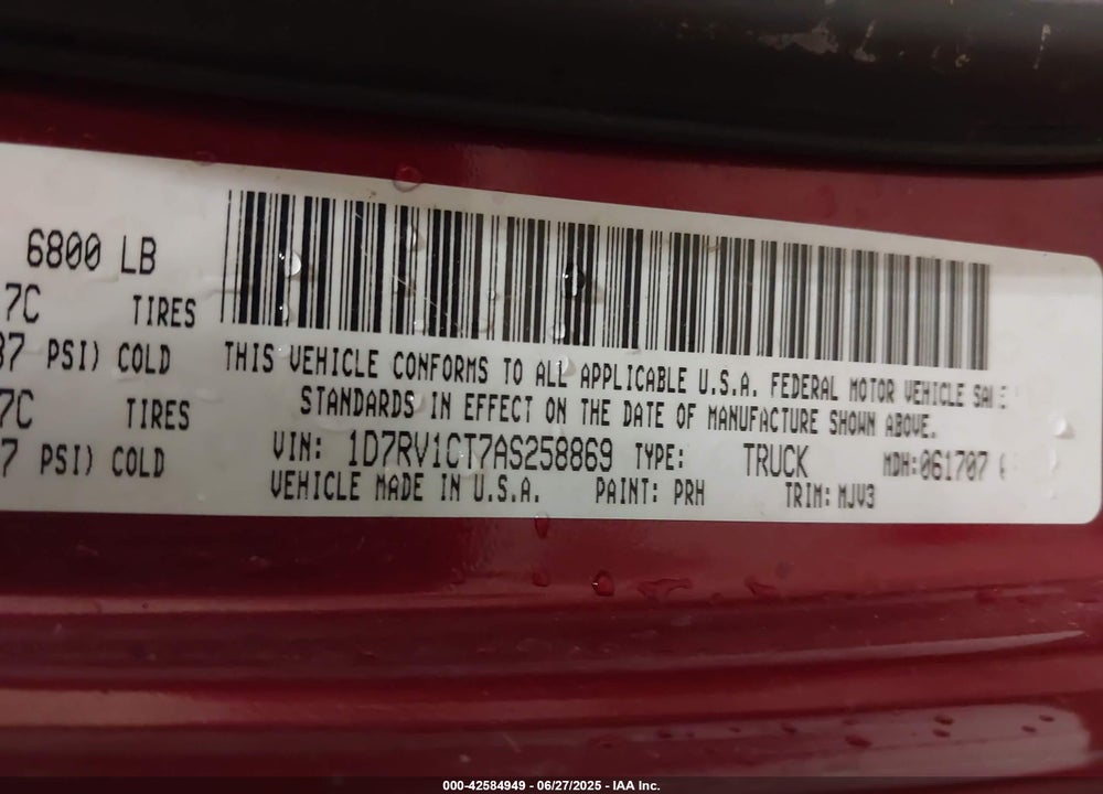 2010 DODGE RAM 1500 SLT/SPORT/TRX VIN: 1D7RV1CT7AS258869