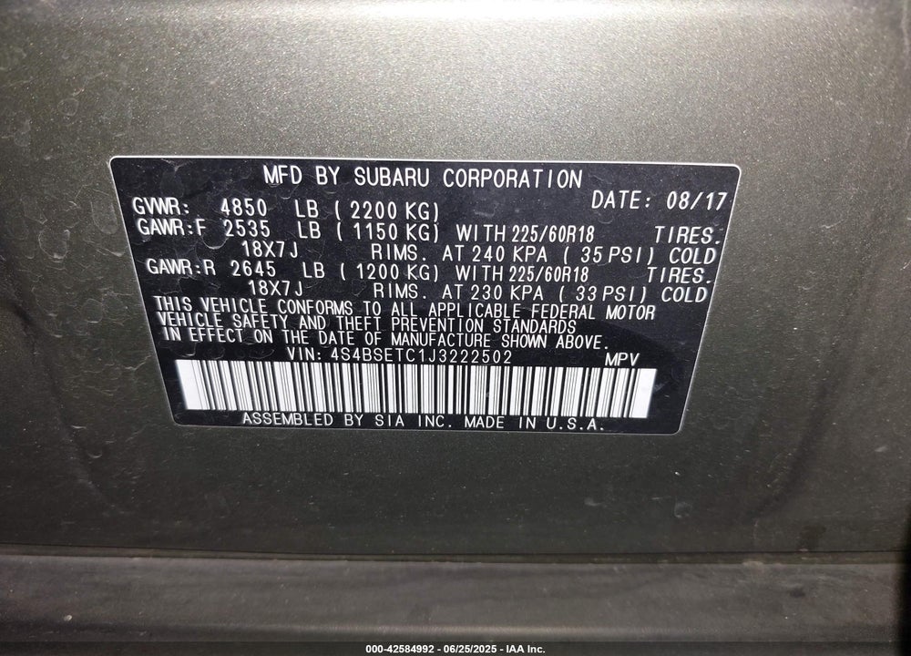 2018 SUBARU OUTBACK VIN: 4S4BSETC1J3222502