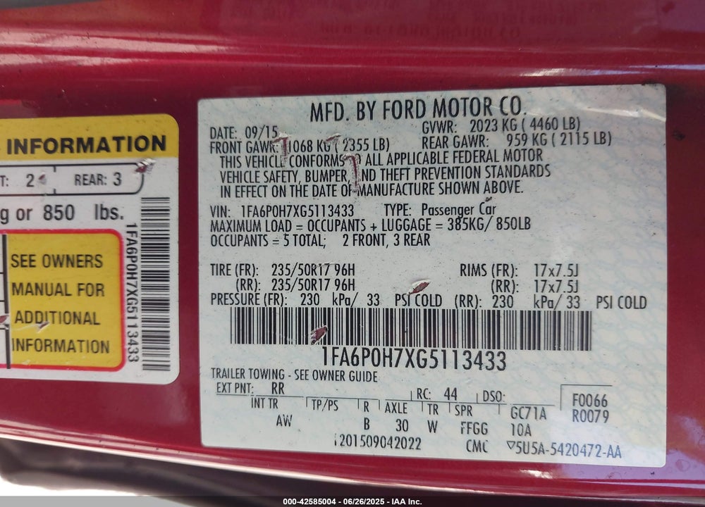 2016 FORD FUSION VIN: 1FA6P0H7XG5113433