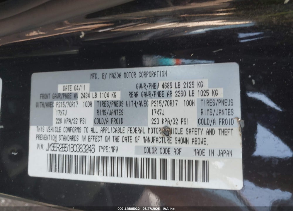 2011 MAZDA CX-7 I SPORT VIN: JM3ER2B51B0383246