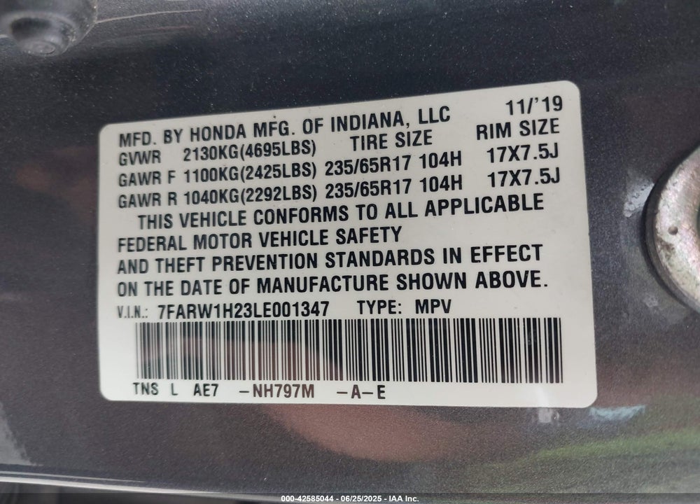 2020 HONDA CR-V VIN: 7FARW1H23LE001347