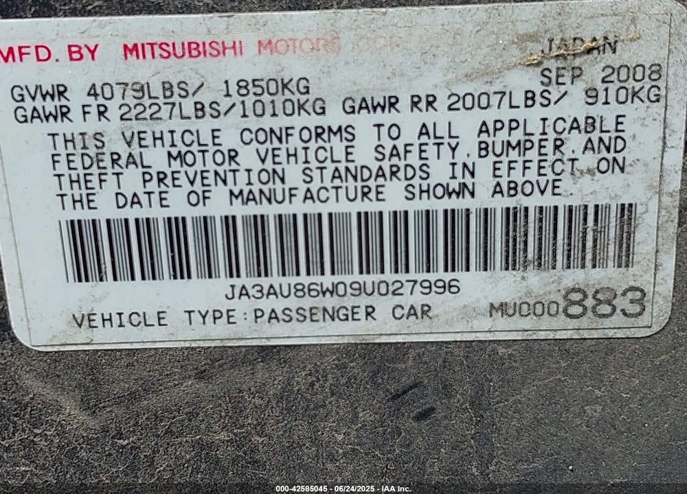 2009 MITSUBISHI LANCER GTS VIN: JA3AU86W09U027996