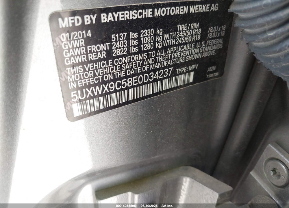 2014 BMW X3 VIN: 5UXWX9C58E0D34237