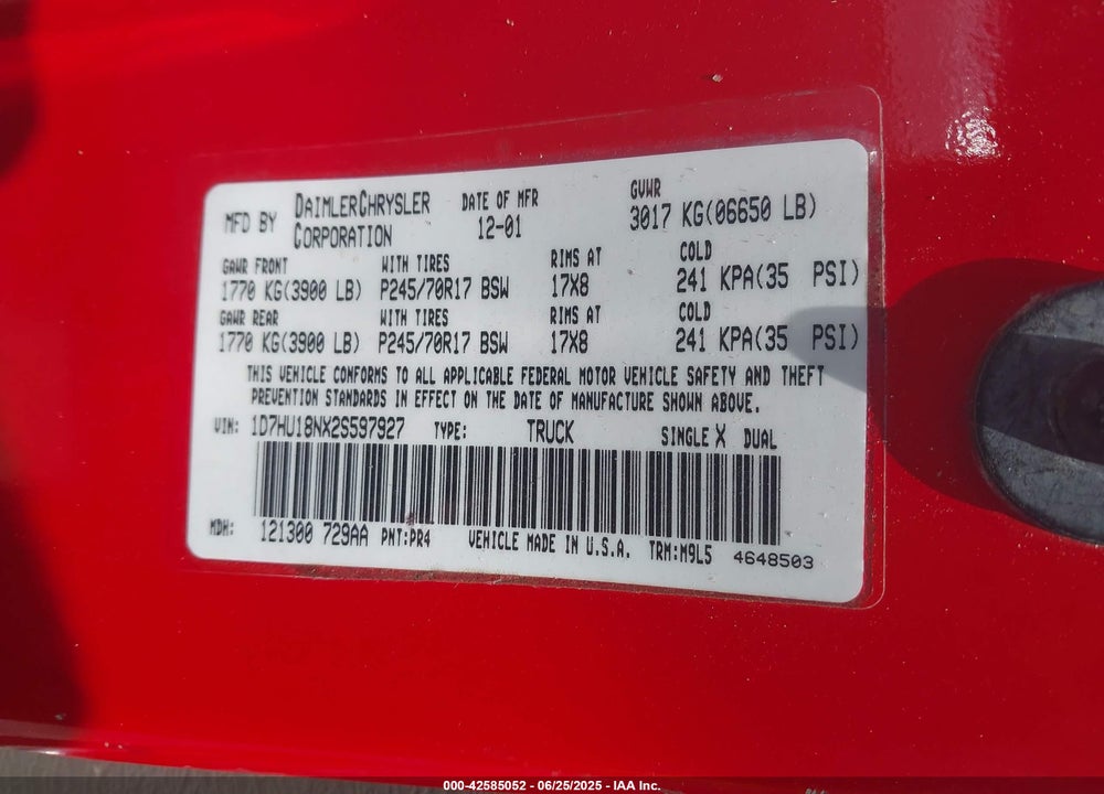 2002 DODGE RAM 1500 ST VIN: 1D7HU18NX2S597927