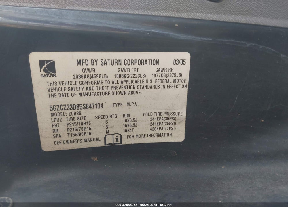 2005 SATURN VUE 4 CYL VIN: 5GZCZ33D85S847104