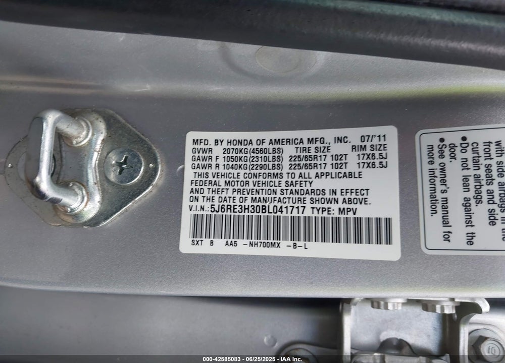 2011 HONDA CR-V VIN: 5J6RE3H30BL041717