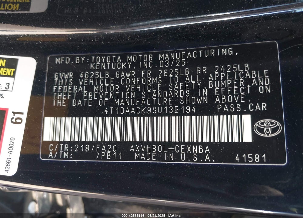 2025 TOYOTA CAMRY LE VIN: 4T1DAACK9SU135194