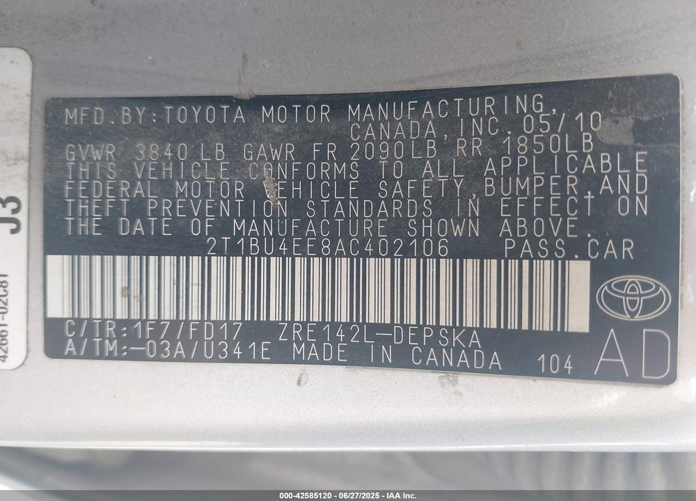 2010 TOYOTA COROLLA VIN: 2T1BU4EE8AC402106