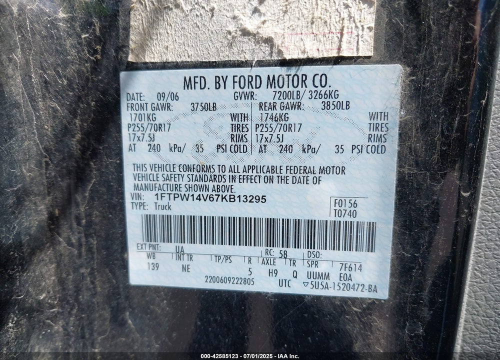 2007 FORD F-150 VIN: 1FTPW14V67KB13295