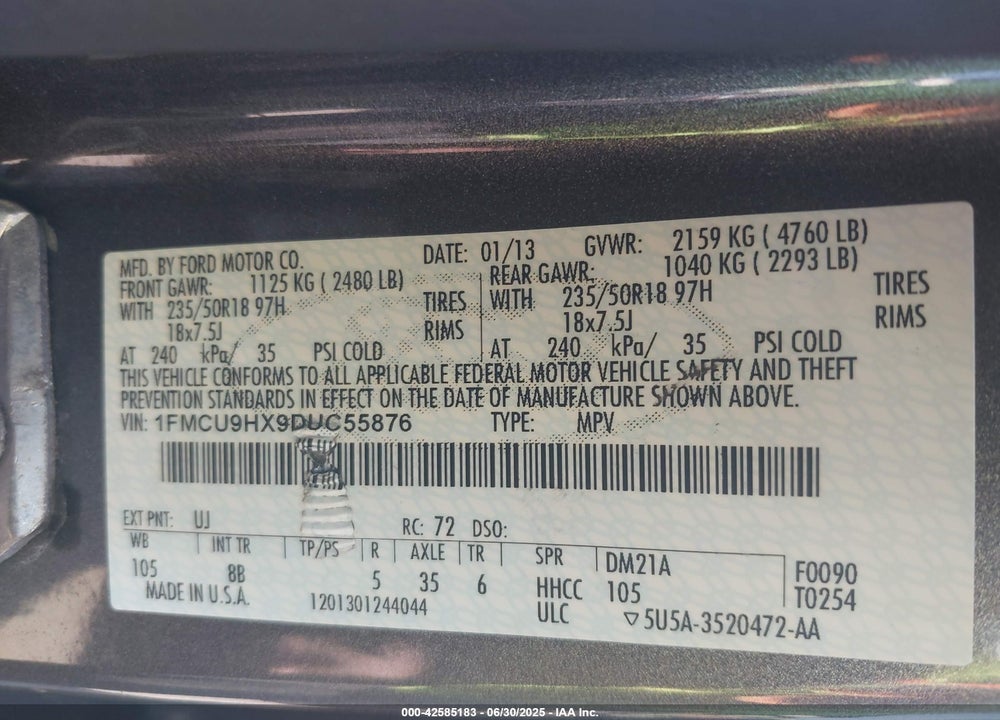 2013 FORD ESCAPE VIN: 1FMCU9HX9DUC55876