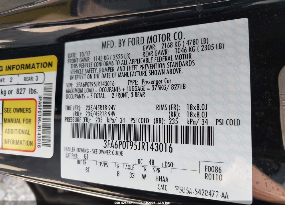 2018 FORD FUSION VIN: 3FA6P0T95JR143016