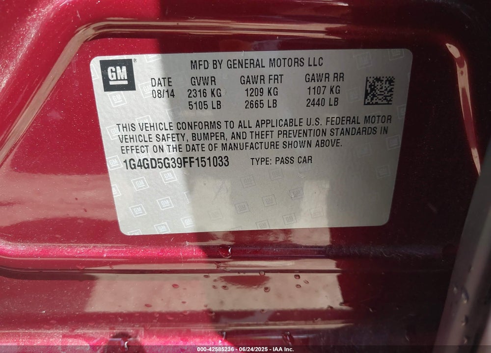 2015 BUICK LACROSSE VIN: 1G4GD5G39FF151033