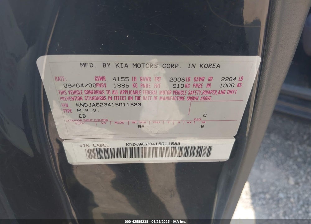 2001 KIA SPORTAGE VIN: KNDJA623415011583